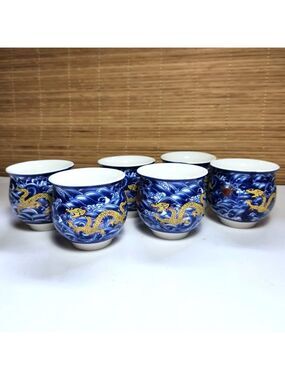 Chinese Dragon Porcelain Teacups Set of 6 Blue White Double Wall Design